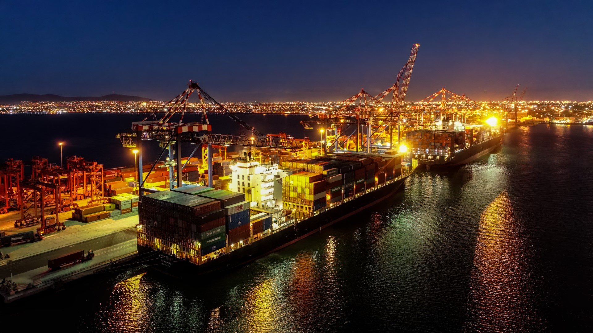 High-altitude drone image of vessel under inspection in Cape Town port
